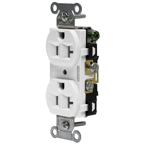 Hubbell-PRO 5362AW, Heavy Duty Duplex Receptacles, Finder Groove Face, Back and Side Wired, 20A 125V, 5-20R, 2-Pole 3-Wire Grounding, White