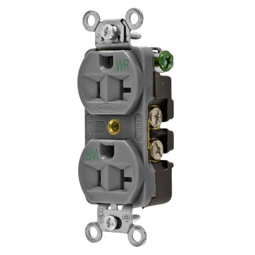 Hubbell-PRO 5362GYWR, Heavy Duty Duplex Receptacles, Weather Resistant, Finder Groove Nylon Face, Back and Side Wired, 20A 125V, 5-20R, 2-Pole 3-Wire Grounding, Gray