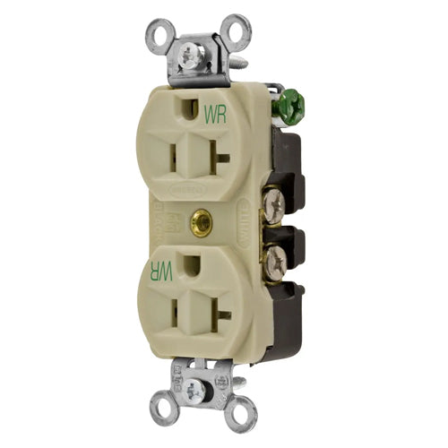 Hubbell-PRO 5362IWR, Heavy Duty Duplex Receptacles, Weather Resistant, Finder Groove Nylon Face, Back and Side Wired, 20A 125V, 5-20R, 2-Pole 3-Wire Grounding, Ivory