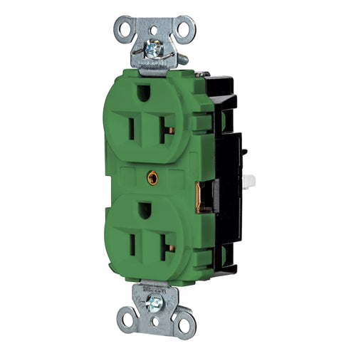 Hubbell-PRO 5362STGN, EdgeConnect Extra Heavy Duty Duplex Receptacles, Finder Groove Face, Screwless Terminal, 20A 125V, 5-20R, 2-Pole 3-Wire Grounding, Green