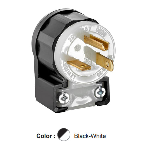 Leviton 5366-CA, Straight Blade Angle Plug, Industrial Grade, 20A 125V, NEMA 5-20P, 2-Pole, 3-Wire, Grounding, Black/White