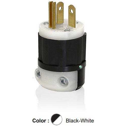 Leviton 5366-PLC, Straight Blade Plug, Industrial Grade, Power Indication, 20A 125V, NEMA 5-20P, 2-Pole, 3-Wire, Grounding, Black/White