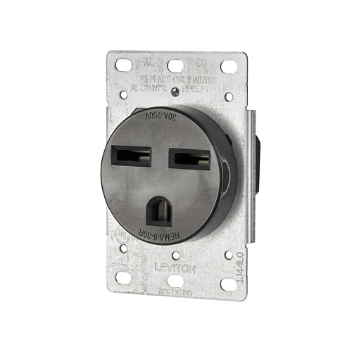 Leviton 5372-S00, Straight Blade Single Flush Mount Receptacle, 30A 250V, NEMA 6-30R, 2-Pole, 3-Wire, Grounding, Side Wire, Steel Strap, Black