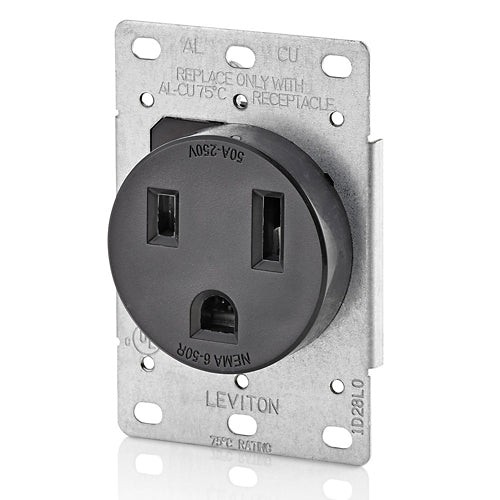 Leviton 5374-S00, Straight Blade Single Flush Mount Receptacle, 50A 250V, NEMA 6-50R, 2-Pole, 3-Wire, Grounding, Side Wire, Steel Strap, Black