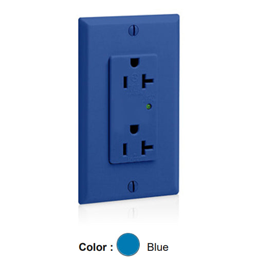 Leviton 5380-B, Decora Plus Surge Protective Duplex Receptacle, Commercial Specification Grade, Indicator Light, 20A 125V, NEMA 5-20R, 2-Pole, 3-Wire, Back and Side Wire, Blue