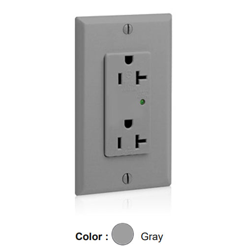 Leviton 5380-GY, Decora Plus Surge Protective Duplex Receptacle, Commercial Specification Grade, Indicator Light, 20A 125V, NEMA 5-20R, 2-Pole, 3-Wire, Back and Side Wire, Gray
