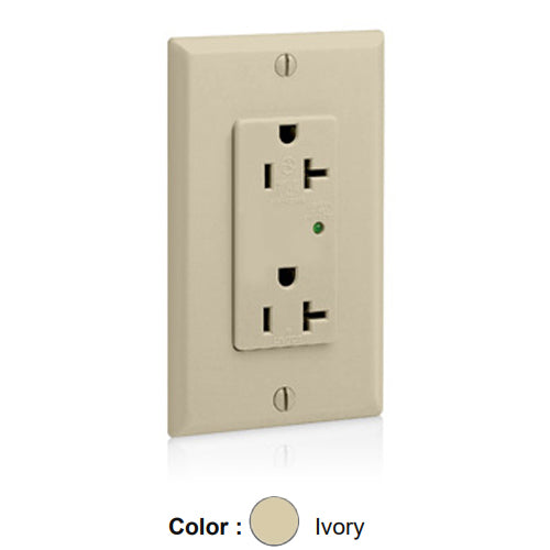 Leviton 5380-I, Decora Plus Surge Protective Duplex Receptacle, Commercial Specification Grade, Indicator Light, 20A 125V, NEMA 5-20R, 2-Pole, 3-Wire, Back and Side Wire, Ivory