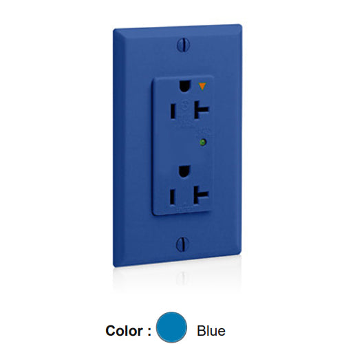 Leviton 5380-IGB, Decora Plus Surge Protective Duplex Receptacle, Commercial Specification Grade, Indicator Light, Isolated Ground, 20A 125V, NEMA 5-20R, 2-Pole, 3-Wire, Back and Side Wire, Blue
