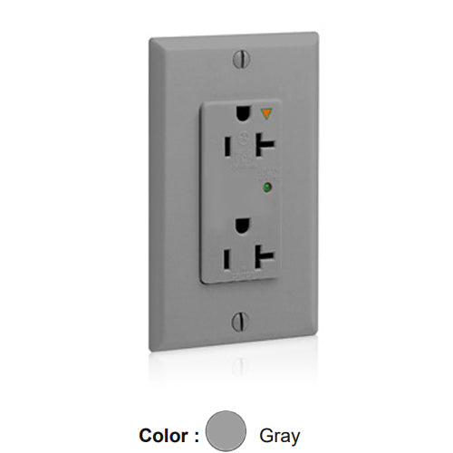 Leviton 5380-IGG, Decora Plus Surge Protective Duplex Receptacle, Commercial Specification Grade, Indicator Light, Isolated Ground, 20A 125V, NEMA 5-20R, 2-Pole, 3-Wire, Back and Side Wire, Gray