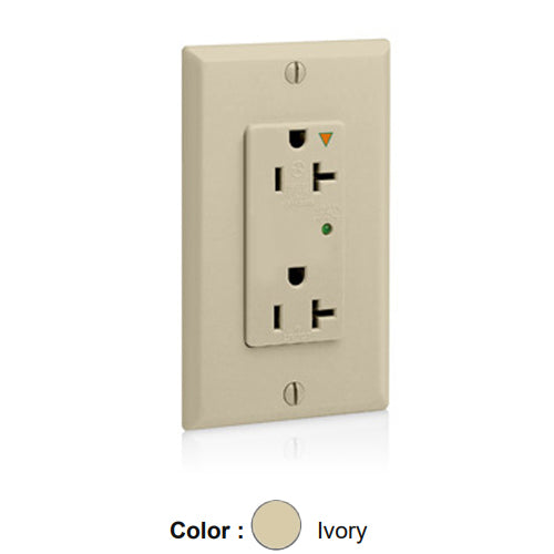 Leviton 5380-IGI, Decora Plus Surge Protective Duplex Receptacle, Commercial Specification Grade, Indicator Light, Isolated Ground, 20A 125V, NEMA 5-20R, 2-Pole, 3-Wire, Back and Side Wire, Ivory