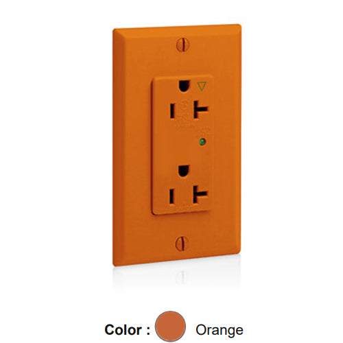 Leviton 5380-IGO, Decora Plus Surge Protective Duplex Receptacle, Commercial Specification Grade, Indicator Light, Isolated Ground, 20A 125V, NEMA 5-20R, 2-Pole, 3-Wire, Back and Side Wire, Orange
