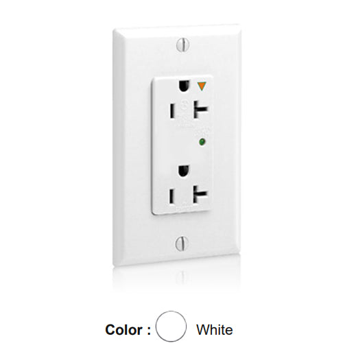 Leviton 5380-IGW, Decora Plus Surge Protective Duplex Receptacle, Commercial Specification Grade, Indicator Light, Isolated Ground, 20A 125V, NEMA 5-20R, 2-Pole, 3-Wire, Back and Side Wire, White