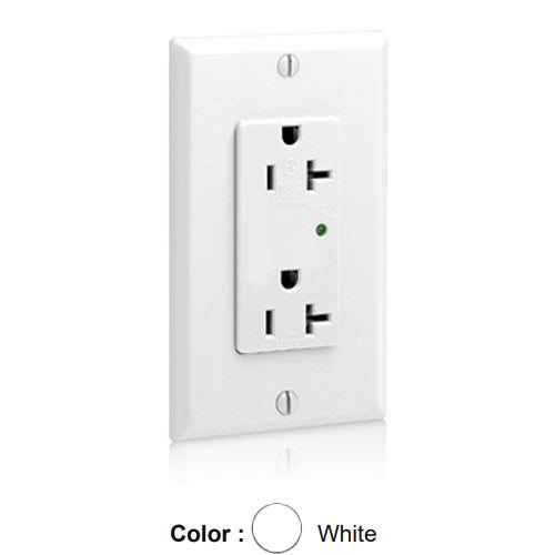Leviton 5380-W, Decora Plus Surge Protective Duplex Receptacle, Commercial Specification Grade, Indicator Light, 20A 125V, NEMA 5-20R, 2-Pole, 3-Wire, Back and Side Wire, White