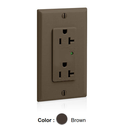 Leviton 5380, Decora Plus Surge Protective Duplex Receptacle, Commercial Specification Grade, Indicator Light, 20A 125V, NEMA 5-20R, 2-Pole, 3-Wire, Back and Side Wire, Wallplate Included, Brown