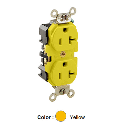 Leviton 53CM-62, Standard Straight Blade Duplex Receptacle, Extra Heavy-Duty Industrial Specification Grade, Corroson-Resistant, Smooth Face, 20A 125V, NEMA 5-20R, 2-Pole, 3-Wire, Back and Side Wire, Yellow