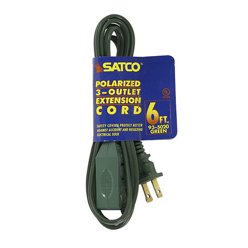 Satco  93-5020, 6 Foot Extension Cord, 13A, 125V, 1625W Rating, Green Finish, 16/2 SPT-2, Indoor Only