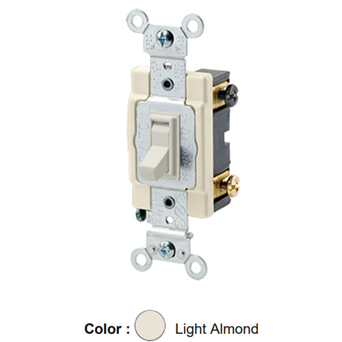 Leviton 54504-2T, Framed 4-Way AC Quiet Toggle Switch, Commercial Specification Grade, 15A 120/277V AC, Side Wire, Grounding, Light Almond