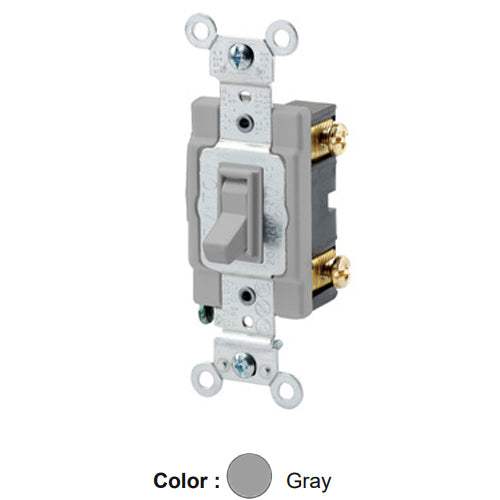 Leviton 54521-2GY, Framed Single-Pole AC Quiet Toggle Switch, Commercial Specification Grade, 20A 120/277V AC, Side Wire, Grounding, Gray