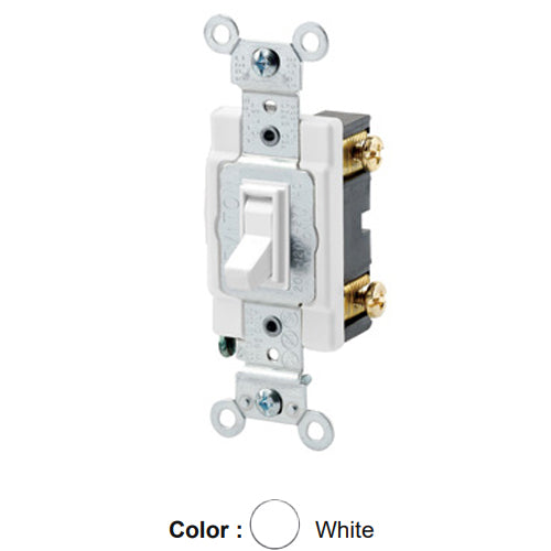 Leviton 54521-2W, Framed Single-Pole AC Quiet Toggle Switch, Commercial Specification Grade, 20A 120/277V AC, Side Wire, Grounding, White