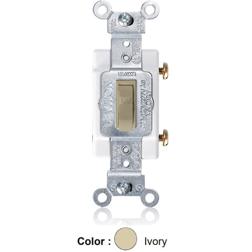 Leviton 54521-I, Framed Single-Pole Toggle Switch, Commercial Specification Grade, 20A 120/277V AC, Canadian, Side Wire, Ivory