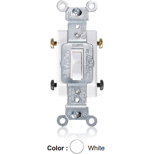 Leviton 54522-W, Framed Double-Pole Toggle Switch, Commercial Specification Grade, 20A 120/277V AC, Canadian, Side Wire, White