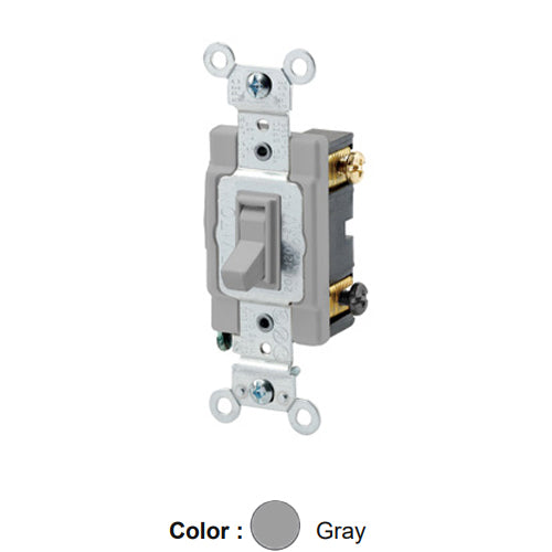Leviton 54523-2GY, Framed 3-Way AC Quiet Toggle Switch, Commercial Specification Grade, 20A 120/277V AC, Side Wire, Grounding, Gray