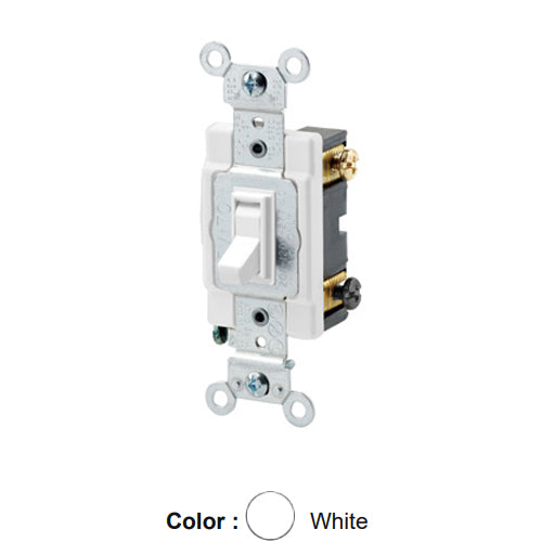 Leviton 54523-2W, Framed 3-Way AC Quiet Toggle Switch, Commercial Specification Grade, 20A 120/277V AC, Side Wire, Grounding, White