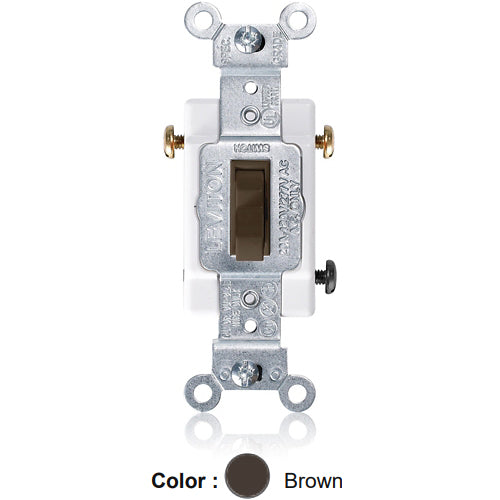 Leviton 54523-B, Framed 3-Way Toggle Switch, Commercial Specification Grade, 20A 120/277V AC, Canadian, Side Wire, Brown