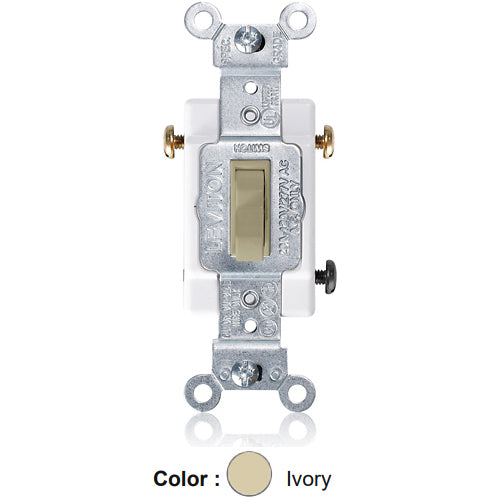 Leviton 54523-I, Framed 3-Way Toggle Switch, Commercial Specification Grade, 20A 120/277V AC, Canadian, Side Wire, Ivory