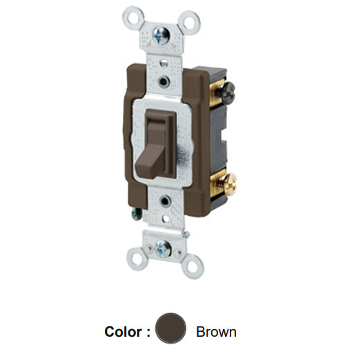Leviton 54524-2, Framed 4-Way AC Quiet Toggle Switch, Commercial Specification Grade, 20A 120/277V AC, Side Wire, Grounding, Brown
