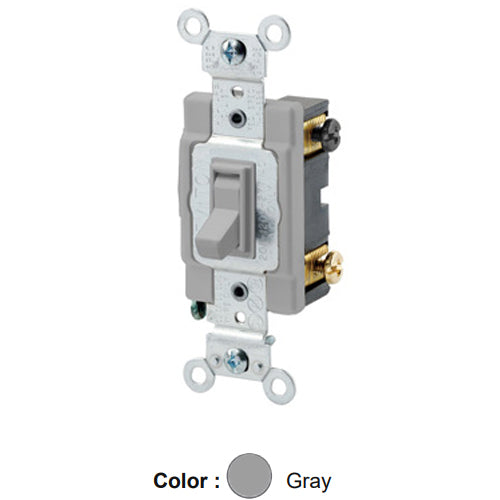 Leviton 54524-2GY, Framed 4-Way AC Quiet Toggle Switch, Commercial Specification Grade, 20A 120/277V AC, Side Wire, Grounding, Gray