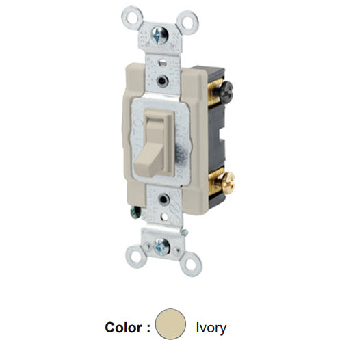Leviton 54524-2I, Framed 4-Way AC Quiet Toggle Switch, Commercial Specification Grade, 20A 120/277V AC, Side Wire, Grounding, Ivory
