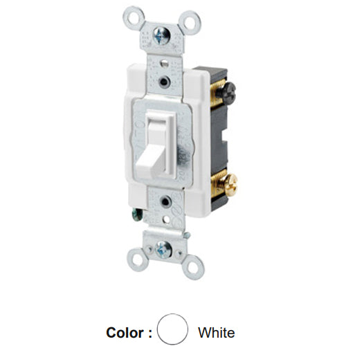 Leviton 54524-2W, Framed 4-Way AC Quiet Toggle Switch, Commercial Specification Grade, 20A 120/277V AC, Side Wire, Grounding, White