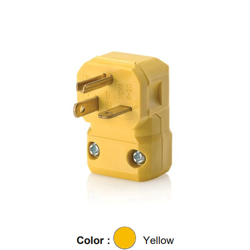 Leviton 5456-VA, Python Straight Blade Angle Plug, Industrial Grade, 20A 250V, NEMA 6-20P, 2-Pole, 3-Wire, Grounding, Yellow