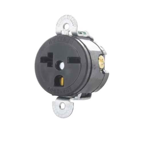 Leviton 5458-SS, Straight Blade Short Strap Single Receptacle, Commercial Specification Grade, Smooth Face, 20A 250V, NEMA 6-20R, 2-Pole, 3-Wire, Side Wire Only, Black