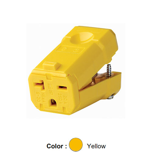 Leviton 5459-VY, Python Straight Blade Connector, Industrial Grade, 20A 250V, NEMA 6-20R, 2-Pole, 3-Wire, Grounding, Yellow