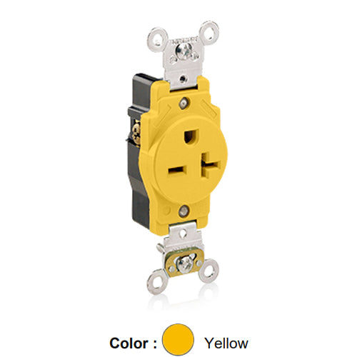 Leviton 5461-CR, Standard Straight Blade Single Receptacle, Heavy-Duty Industrial Specification Grade, Corrosion-Resistant, Smooth Face, 20A 250V, NEMA 6-20R, 2-Pole, 3-Wire, Back and Side Wire, Yellow