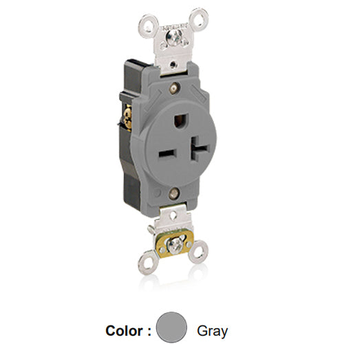 Leviton 5461-GY, Standard Straight Blade Single Receptacle, Heavy-Duty Industrial Specification Grade, Smooth Face, 20A 250V, NEMA 6-20R, 2-Pole, 3-Wire, Back and Side Wire, Gray