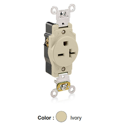 Leviton 5461-I, Standard Straight Blade Single Receptacle, Heavy-Duty Industrial Specification Grade, Smooth Face, 20A 250V, NEMA 6-20R, 2-Pole, 3-Wire, Back and Side Wire, Ivory