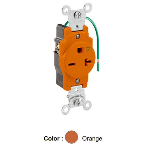 Leviton 5461-IG, Standard Straight Blade Single Receptacle, Heavy-Duty Industrial Specification Grade, Smooth Face, Isolated Ground , 20A 250V, NEMA 6-20R, 2-Pole, 3-Wire, Back and Side Wire, Orange