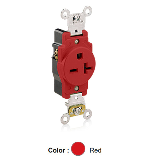 Leviton 5461-R, Standard Straight Blade Single Receptacle, Heavy-Duty Industrial Specification Grade, Smooth Face, 20A 250V, NEMA 6-20R, 2-Pole, 3-Wire, Back and Side Wire, Red