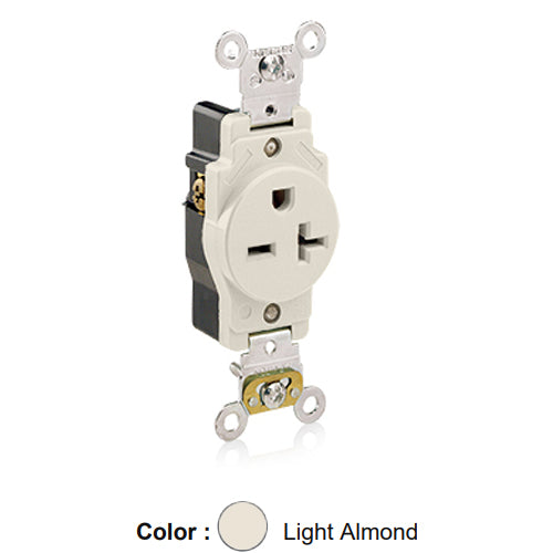 Leviton 5461-T, Standard Straight Blade Single Receptacle, Heavy-Duty Industrial Specification Grade, Smooth Face, 20A 250V, NEMA 6-20R, 2-Pole, 3-Wire, Back and Side Wire, Light Almond