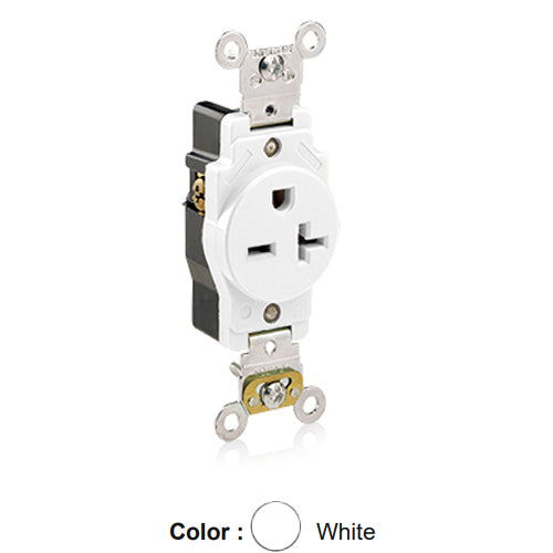 Leviton 5461-W, Standard Straight Blade Single Receptacle, Heavy-Duty Industrial Specification Grade, Smooth Face, 20A 250V, NEMA 6-20R, 2-Pole, 3-Wire, Back and Side Wire, White