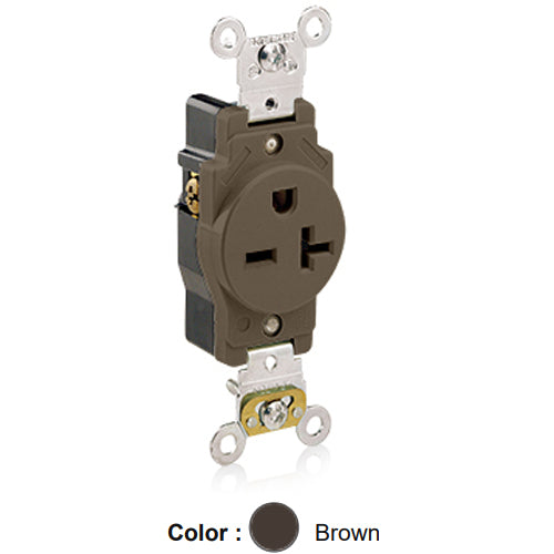 Leviton 5461, Standard Straight Blade Single Receptacle, Heavy-Duty Industrial Specification Grade, Smooth Face, 20A 250V, NEMA 6-20R, 2-Pole, 3-Wire, Back and Side Wire, Brown
