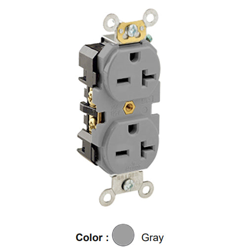 Leviton 5462-GY, Standard Straight Blade Duplex Receptacle, Heavy-Duty Industrial Specification Grade, Smooth Face, 20A 250V, NEMA 6-20R, 2-Pole, 3-Wire, Back and Side Wire, Gray