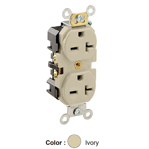 Leviton 5462-I, Standard Straight Blade Duplex Receptacle, Heavy-Duty Industrial Specification Grade, Smooth Face, 20A 250V, NEMA 6-20R, 2-Pole, 3-Wire, Back and Side Wire, Ivory