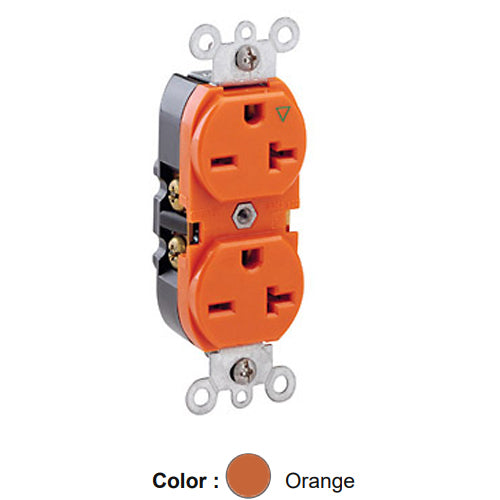 Leviton 5462-IG, Standard Straight Blade Duplex Receptacle, Heavy-Duty Industrial Specification Grade, Smooth Face, Isolated Ground , 20A 250V, NEMA 6-20R, 2-Pole, 3-Wire, Back and Side Wire, Orange