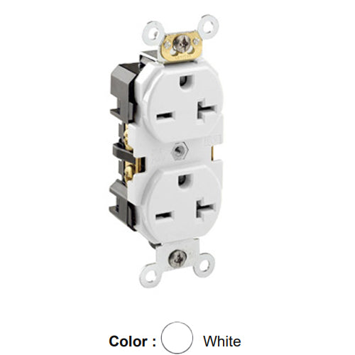 Leviton 5462-W, Standard Straight Blade Duplex Receptacle, Heavy-Duty Industrial Specification Grade, Smooth Face, 20A 250V, NEMA 6-20R, 2-Pole, 3-Wire, Back and Side Wire, White