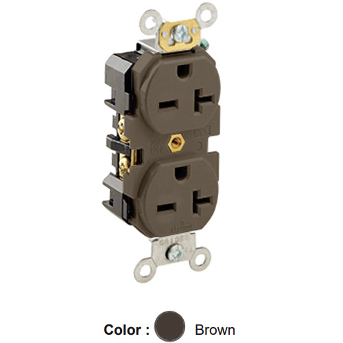 Leviton 5462, Standard Straight Blade Duplex Receptacle, Heavy-Duty Industrial Specification Grade, Smooth Face, 20A 250V, NEMA 6-20R, 2-Pole, 3-Wire, Back and Side Wire, Brown