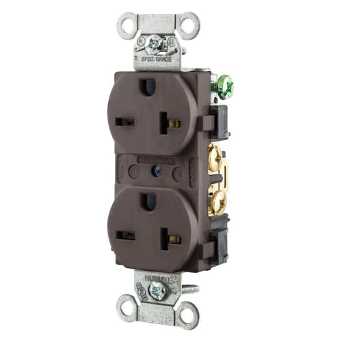 Hubbell-PRO 5462B, Heavy Duty Duplex Receptacles, Smooth Nylon Face, Back and Side Wired, 20A 250V, 6-20R, 2-Pole 3-Wire Grounding, Brown